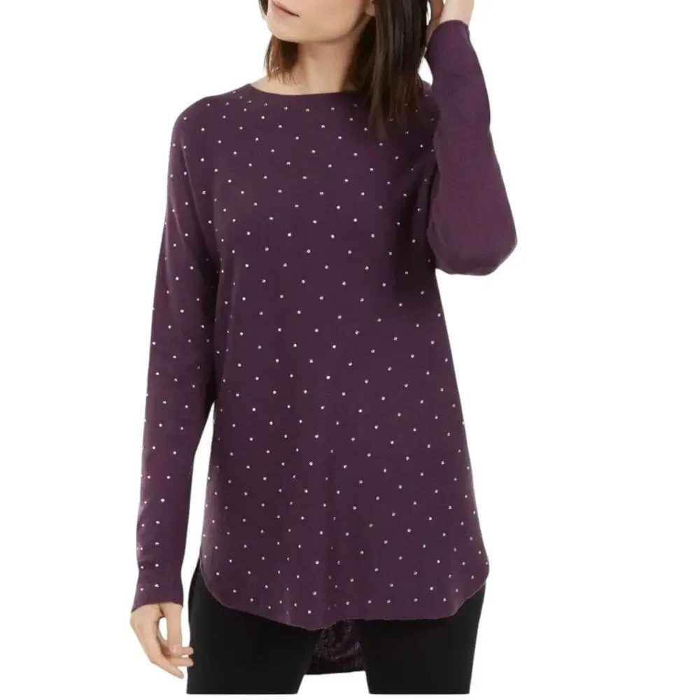 INC International Concepts Boat Neck Rhinestone Wool Blend Sweater Size L Purple
